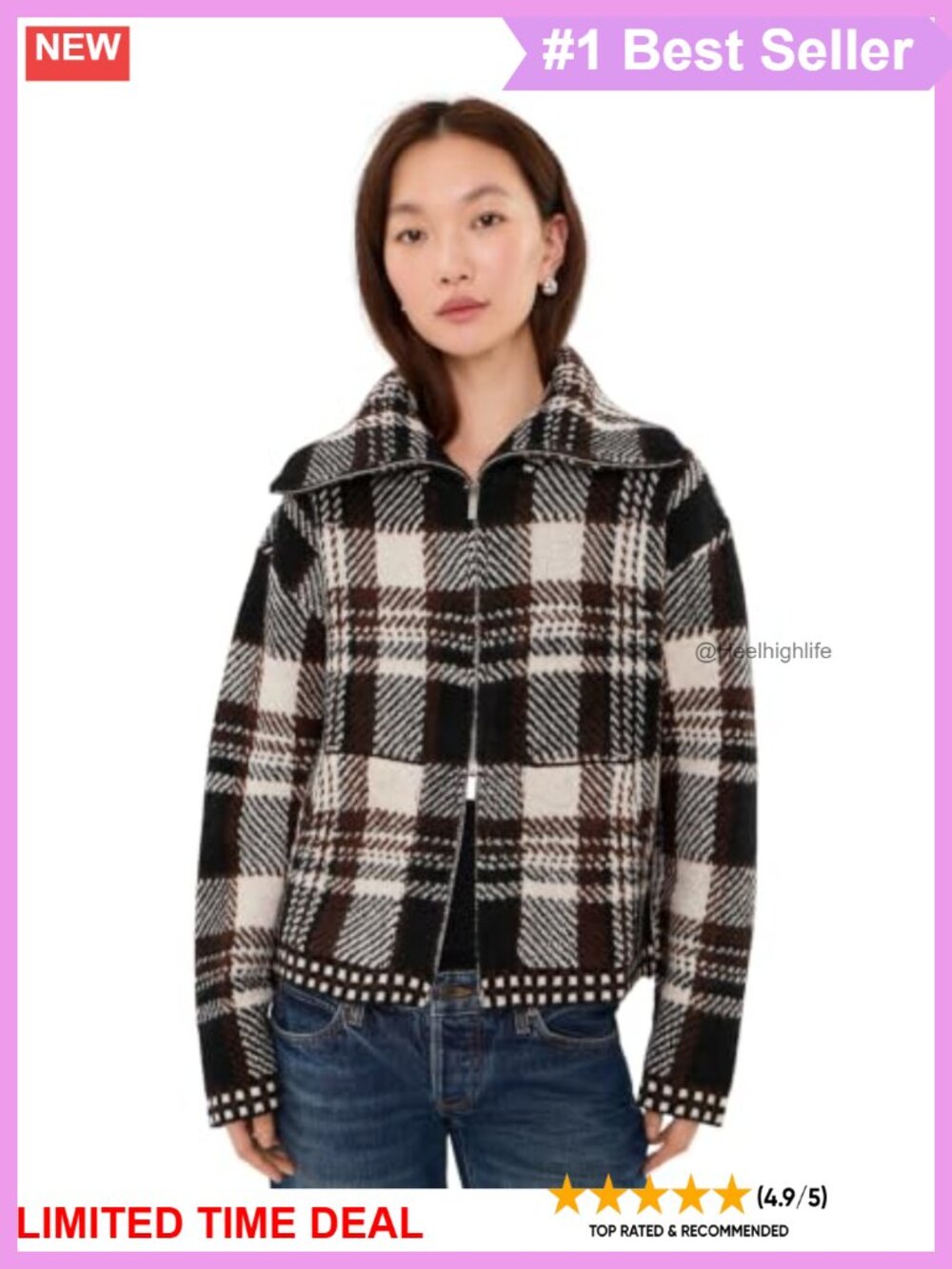Plaid Zip-Up Sweater Knit Jacket Collared Long Sleeve Regular Fit